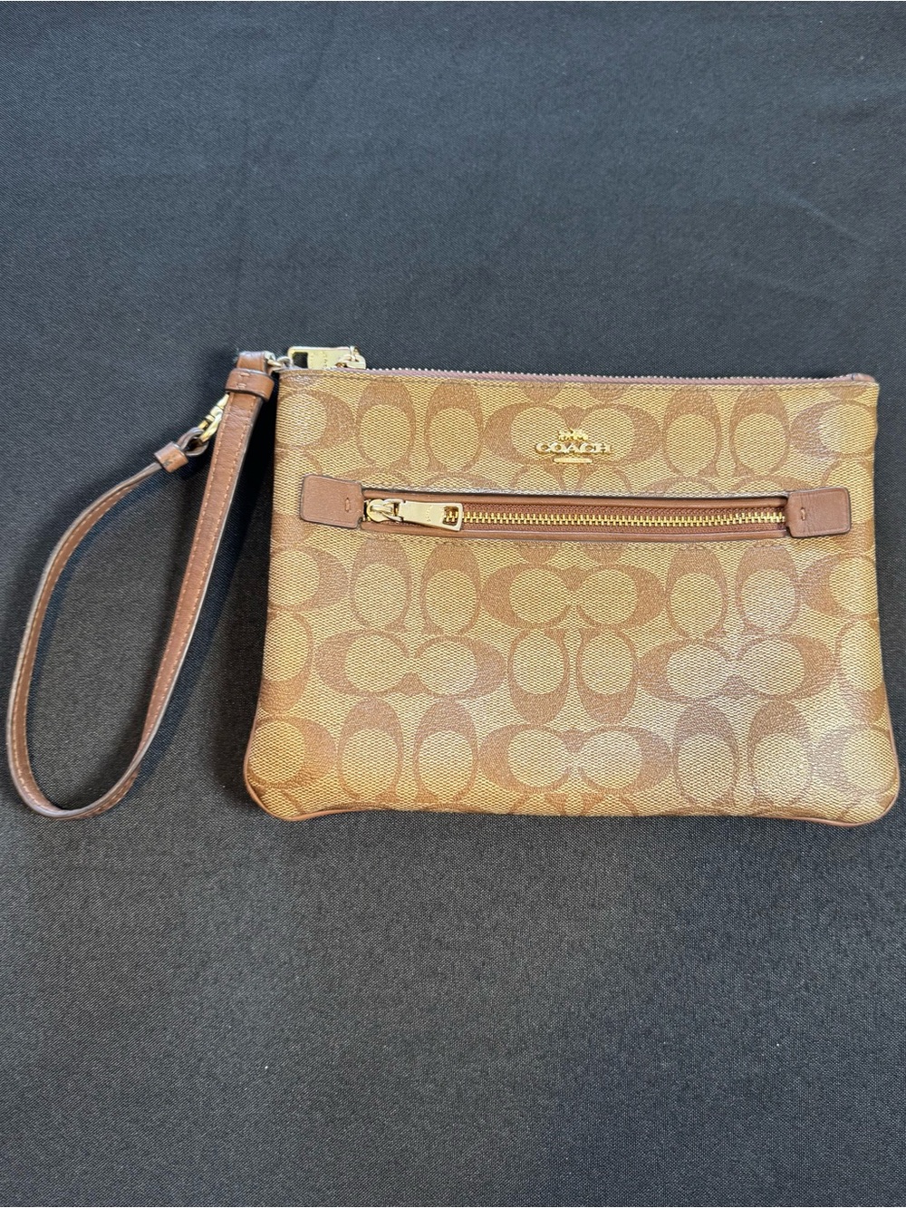 Extra Large 9in x 7in Coach Brown Signature Canvas Wristlet with Gold Hardwar